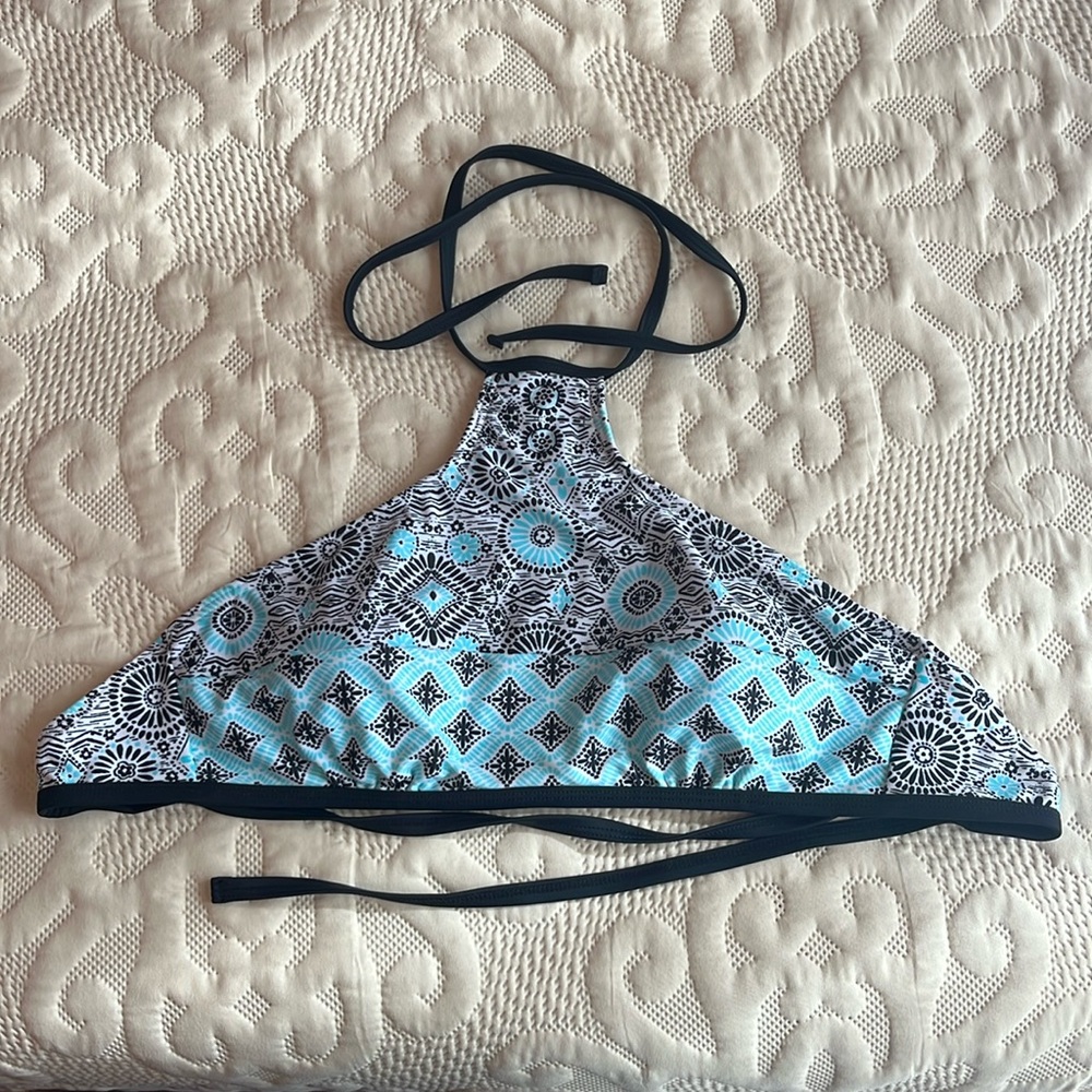 Black & Teal High Neck Bikini Top, Sz Lg